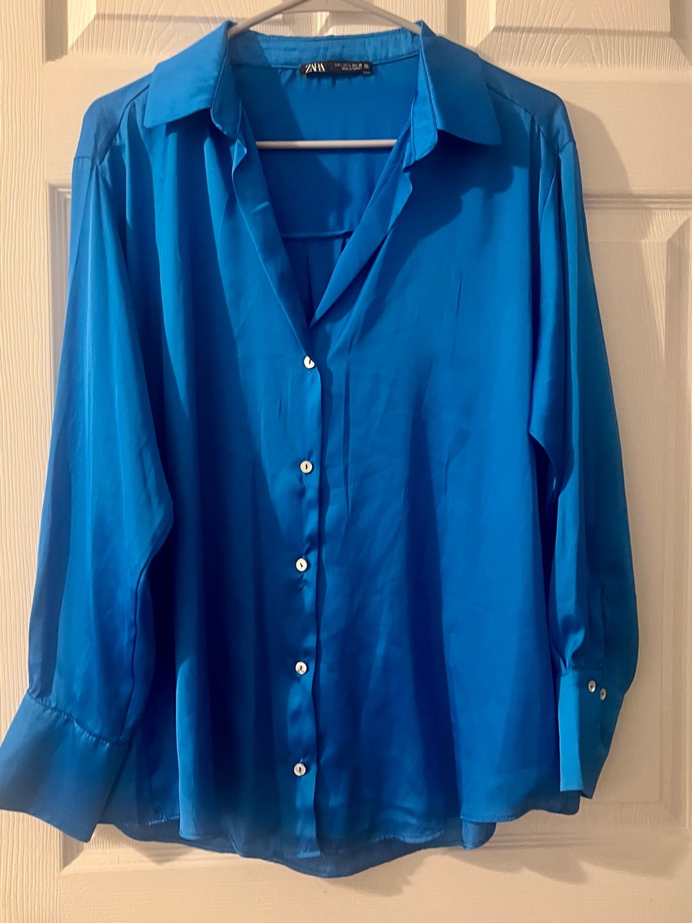Zara Electric Blue Satin Button-Down Shirt